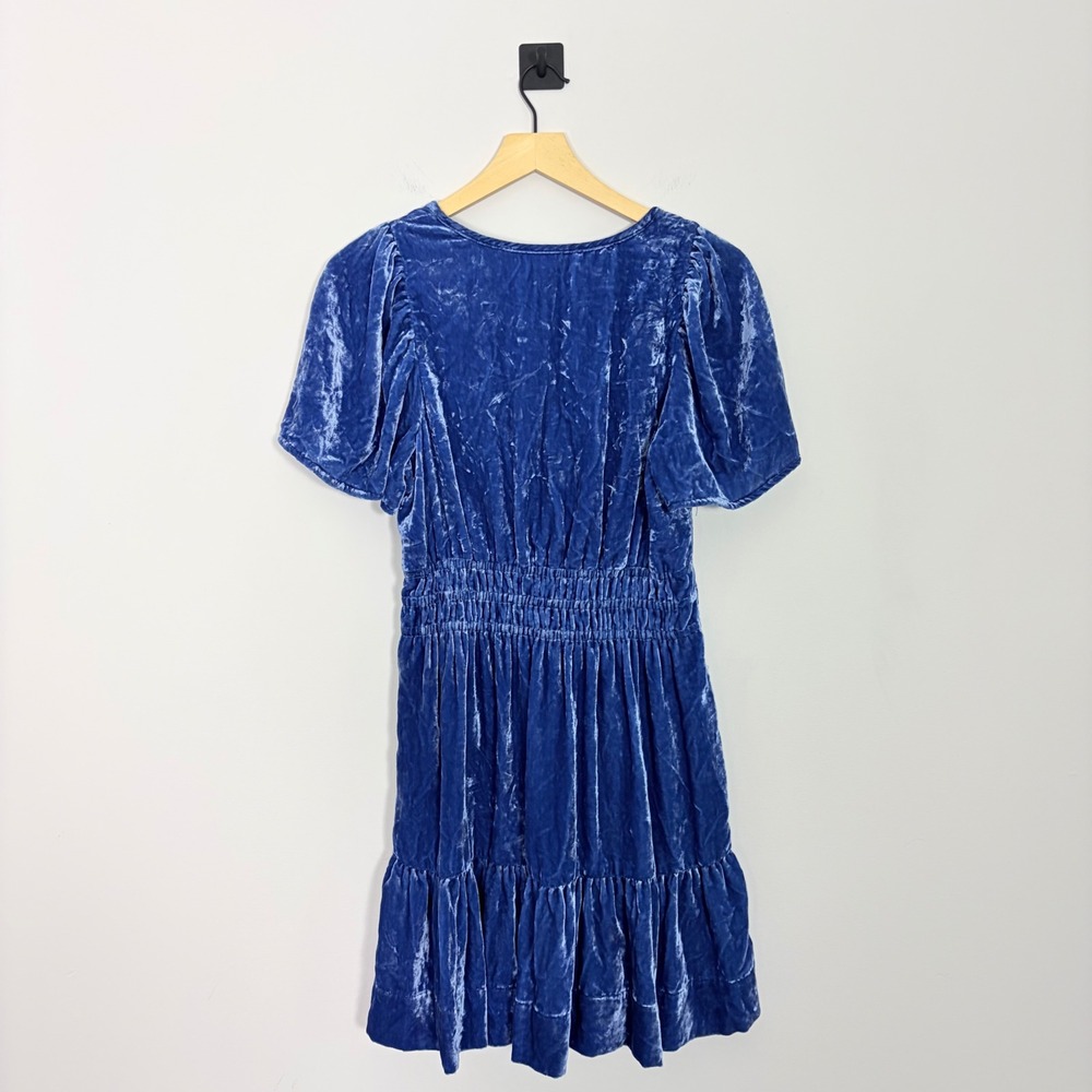 Anthropologie Somerset Blue Velvet Smocked Tiered Mini Dress V-Neck Small - Picture 7 of 9